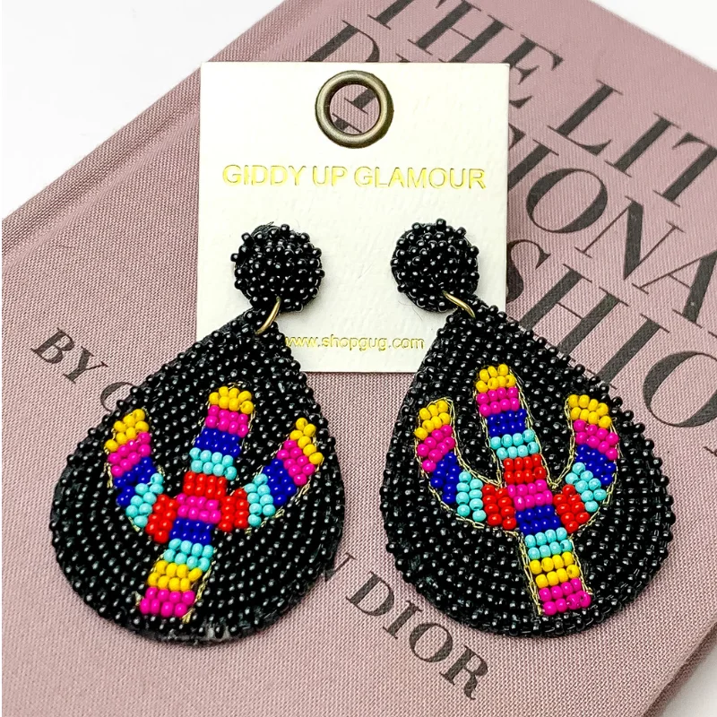 Women’s crystal earrings-Beaded Multi-Color Cactus Earrings in Black