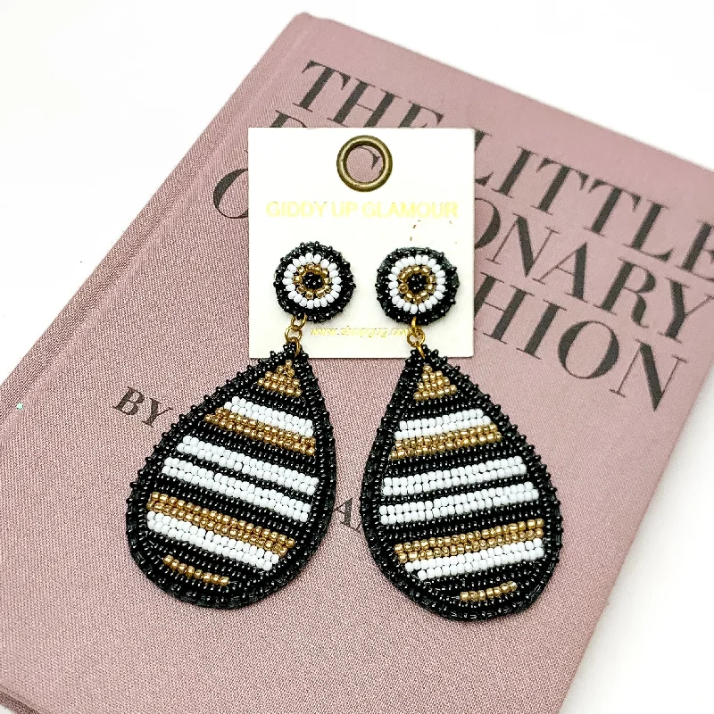 Women’s customized earrings-Beaded Striped Teardrop Earrings in Black Mix