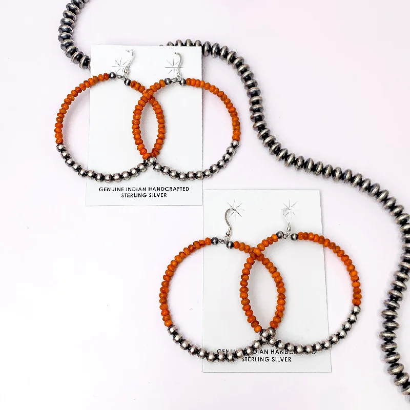 Women’s stud earrings-Navajo | Navajo Handmade Sterling Silver Navajo Pearl Hoop Earrings with Orange Beads