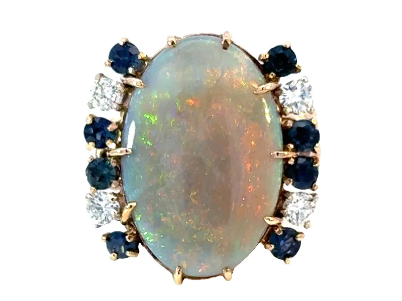 Women’s vintage rings with diamonds-Opal Diamond Sapphire Ring 14k Yellow Gold