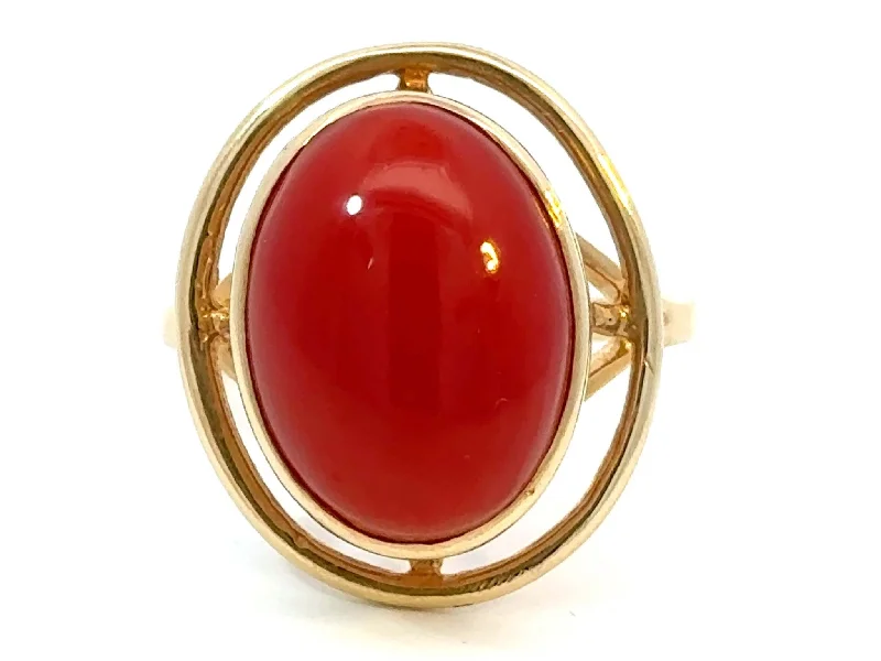 Women’s platinum rings-Red Aka Coral Cabochon Ring 14k Yellow Gold