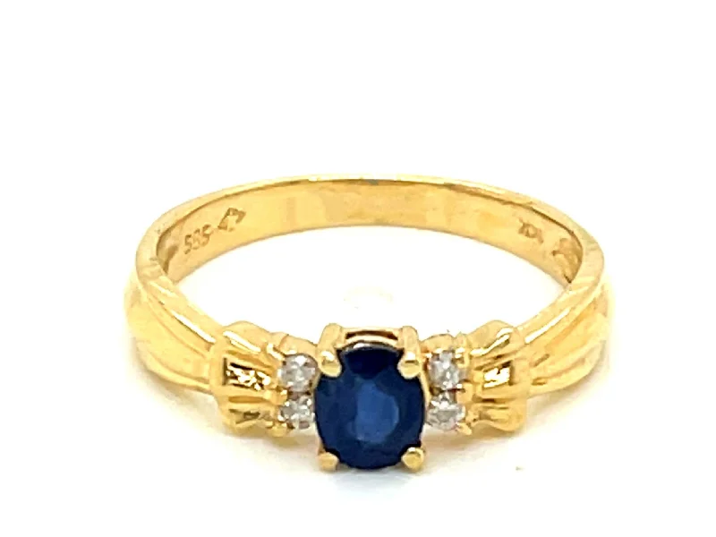 Women’s minimalist rings-Blue Oval Sapphire and Diamond Stackable Ring in 14k Yellow Gold