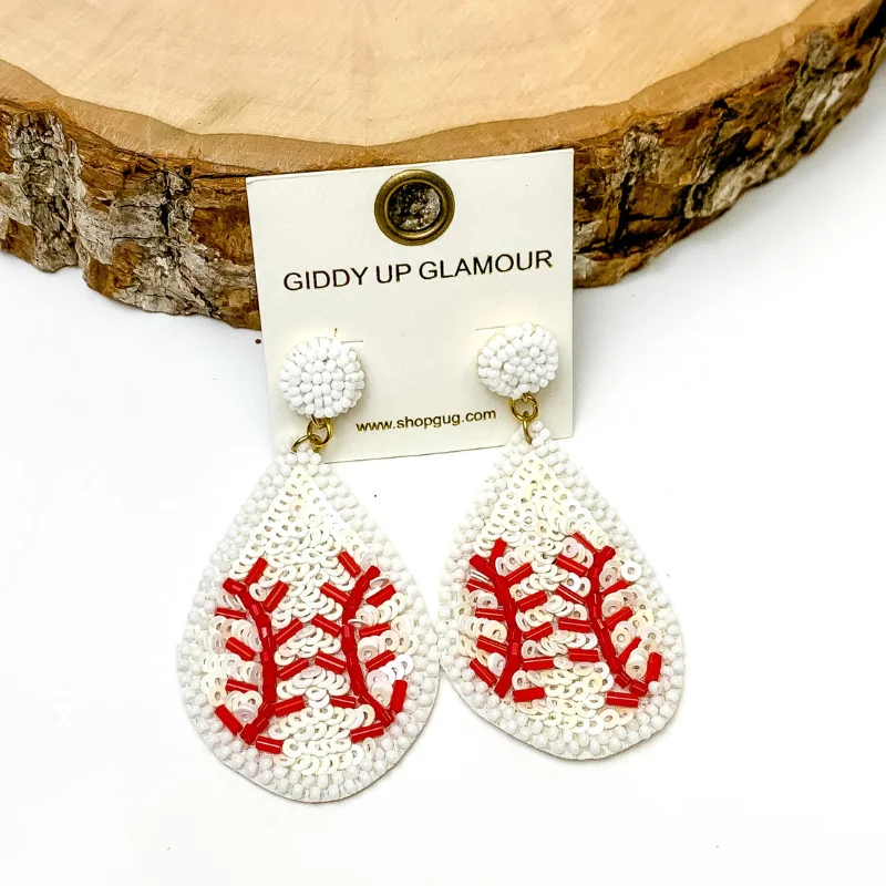 Women’s long drop earrings-Sequin Teardrop Baseball Earrings in White