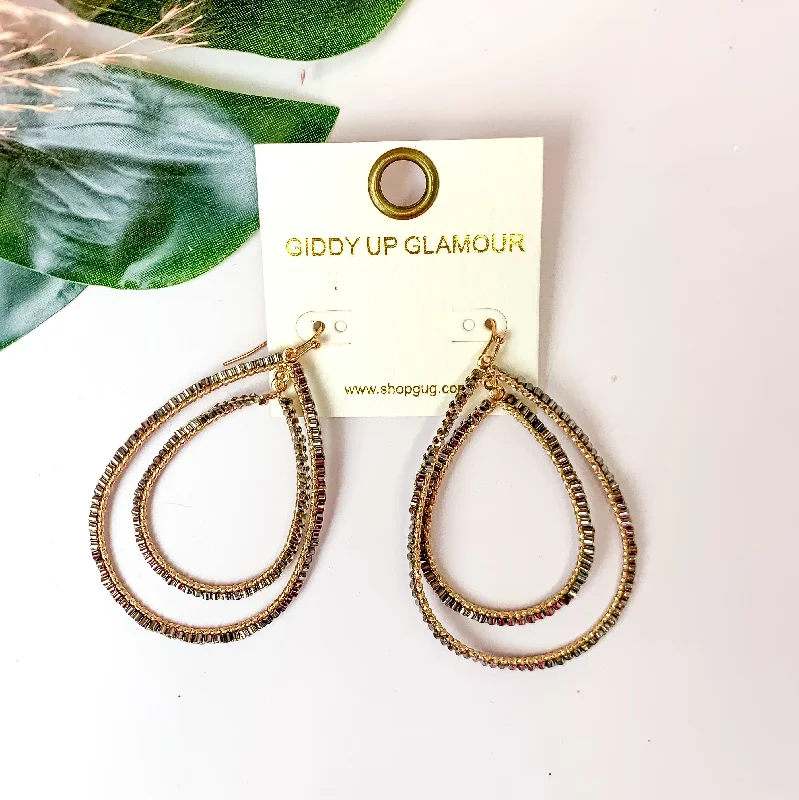 Women’s chunky earrings-Double Open Teardrop Gold Tone Earrings with Beaded Outline in Charcoal