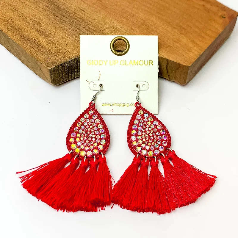 Women’s gold earrings-AB Crystal Teardrop Earrings with Tassel Trim in Red