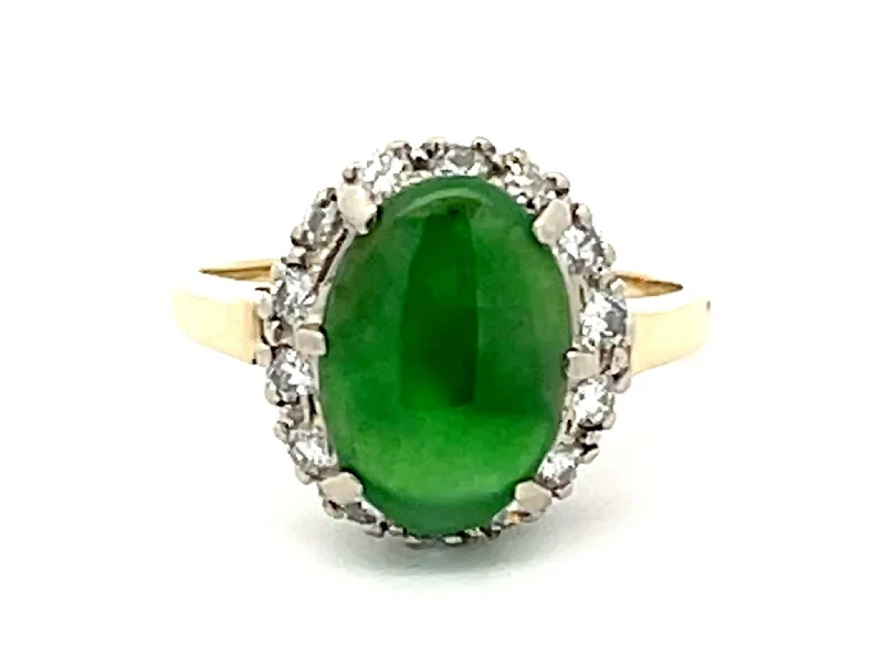 Women’s pearl rings-Vintage Green Jade Diamond Halo Gold Ring