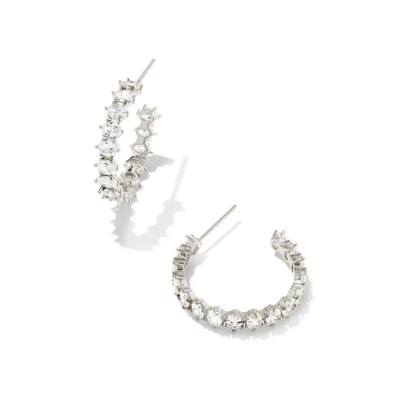 Women’s chunky earrings-Kendra Scott | Cailin Silver Crystal Hoop Earrings in White Crystal