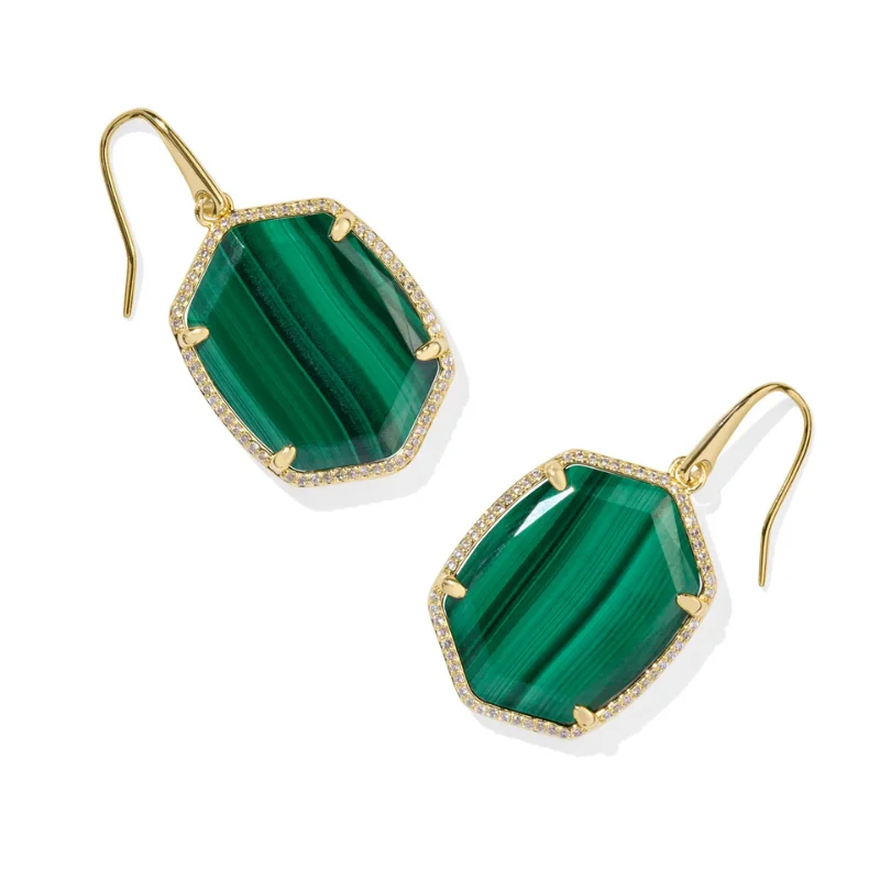 Women’s classic earrings-Kendra Scott | Daphne Pave Frame Gold Drop Earrings in Green Malachite