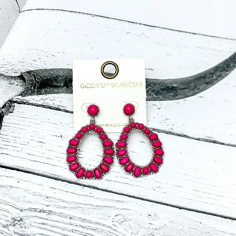 Women’s elegant earrings-Small Circle Post Open Teardrop Earrings with Stones in Hot pink