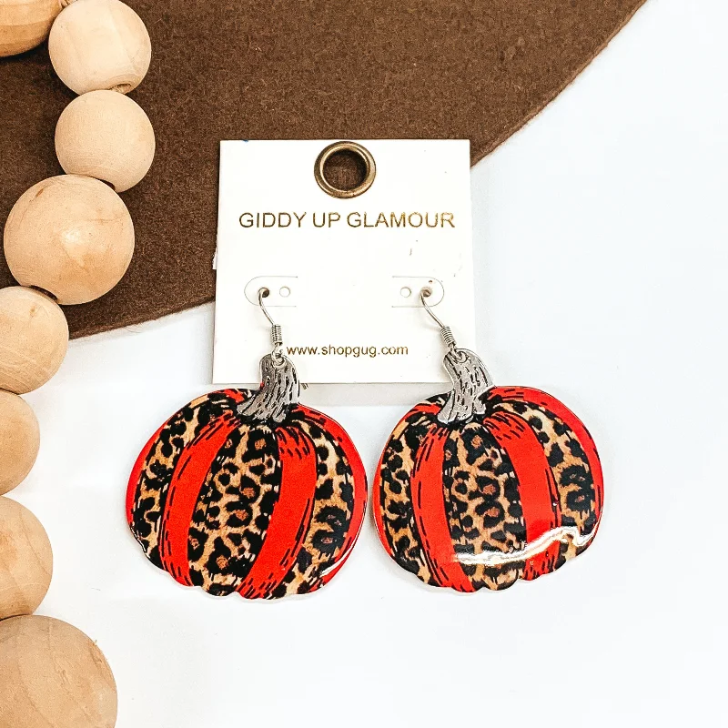 Women’s asymmetrical earrings-Pumpkin Metal Cutout Earrings in Leopard Print and Blood Orange