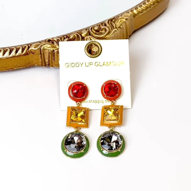 Women’s gold stud earrings-3 Tier Multicolor Enamel Drop Earrings in Red/Yellow/Green