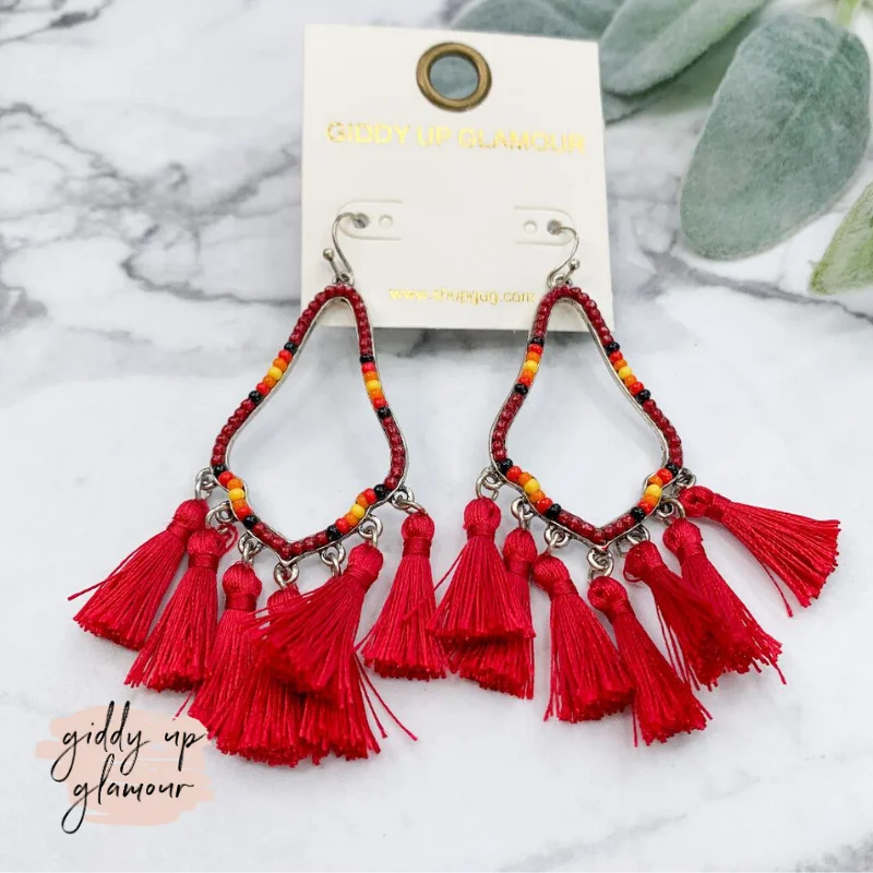 Women’s stud earrings-Beaded Aztec Drop Tassel Earrings in Burgundy