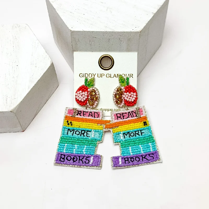 Women’s ruby earrings-"Read More Books" Multicolor Beaded Earrings With Apple Posts