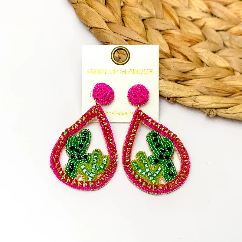 Women’s asymmetrical earrings-Beaded Open Teardrop Earrings With Cactus Scene on the Inside in Hot Pink