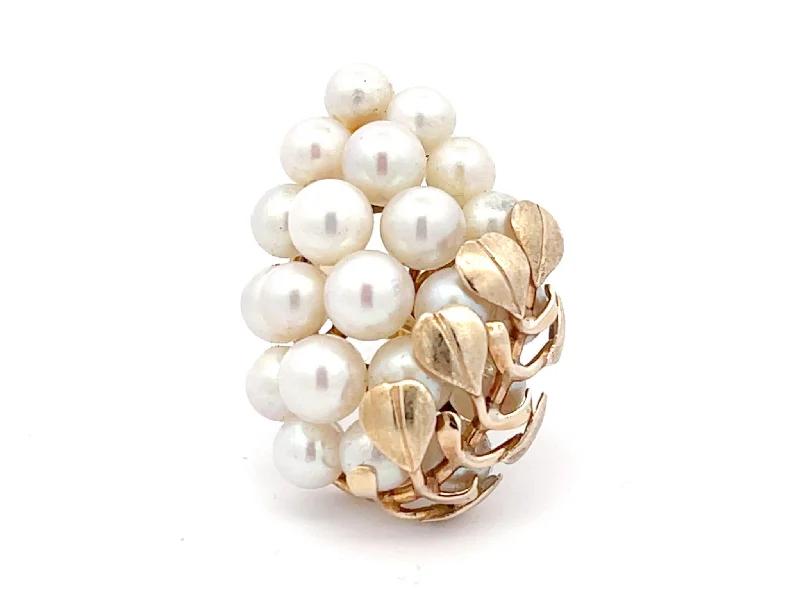 Women’s silver gemstone rings-Mings Large Akoya Pearl Leaf Ring in 14k Yellow Gold