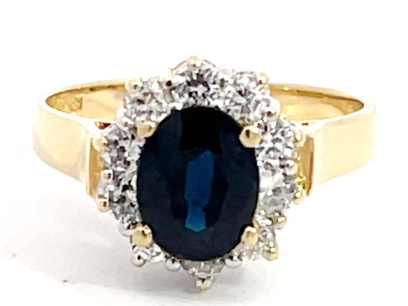 Women’s two-tone rings-Blue Sapphire Diamond Halo Ring in 18k Yellow Gold