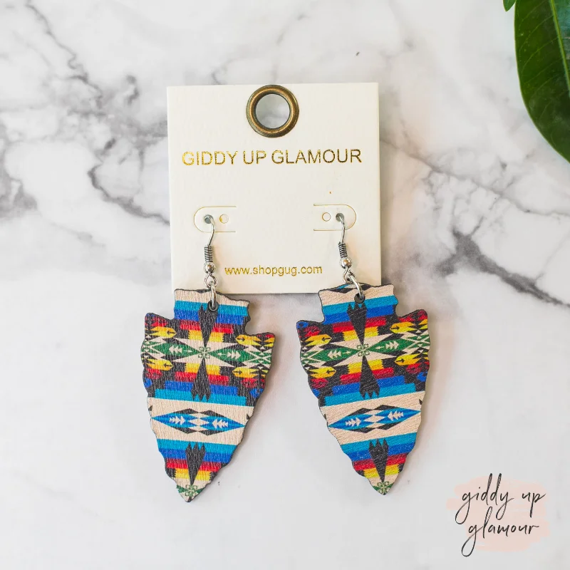 Women’s celestial earrings-Arrowhead Wooden Earrings in Aztec