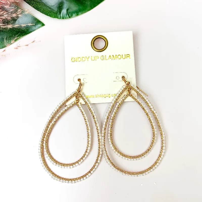 Women’s fashion drop earrings-Double Open Teardrop Gold Tone Earrings with Beaded Outline in White