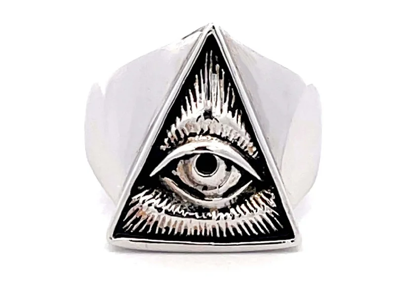 Women’s textured rings-All Seeing Eye Triangle Ring in 18k White Gold