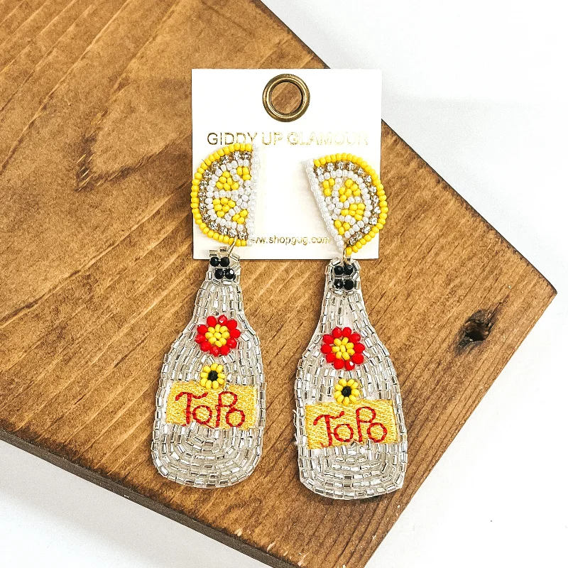 Women’s luxury earrings-Beaded Mineral Water Bottle with Lemon Studs