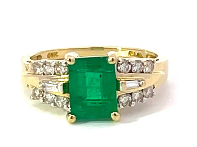 Women’s signet rings-Rectangular Green Emerald and Diamond Band Ring in 14k Yellow Gold