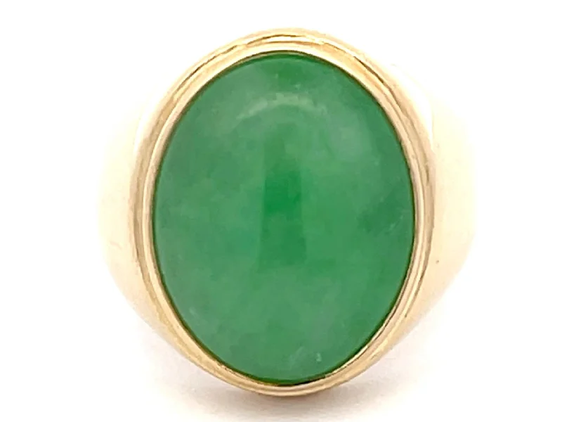 Women’s large gemstone rings-Oval Cabochon Green Jade Ring in 14K Yellow Gold