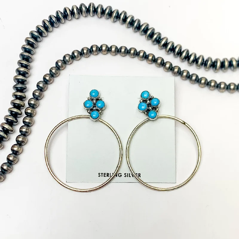 Women’s stud earrings-Anthony Skeets | Navajo Handmade Sterling Silver Hoop Earrings with Four Stone Sleeping Beauty Turquoise Cluster Studs