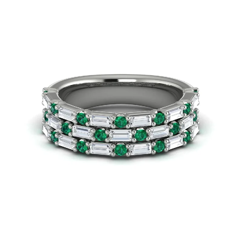 Diamond Baguette and Emerald Three Row Ring