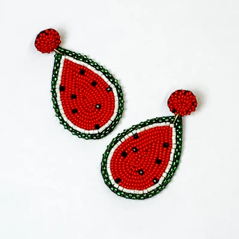 Women’s designer earrings-Beaded Watermelon Teardrop Earrings in Red and Green