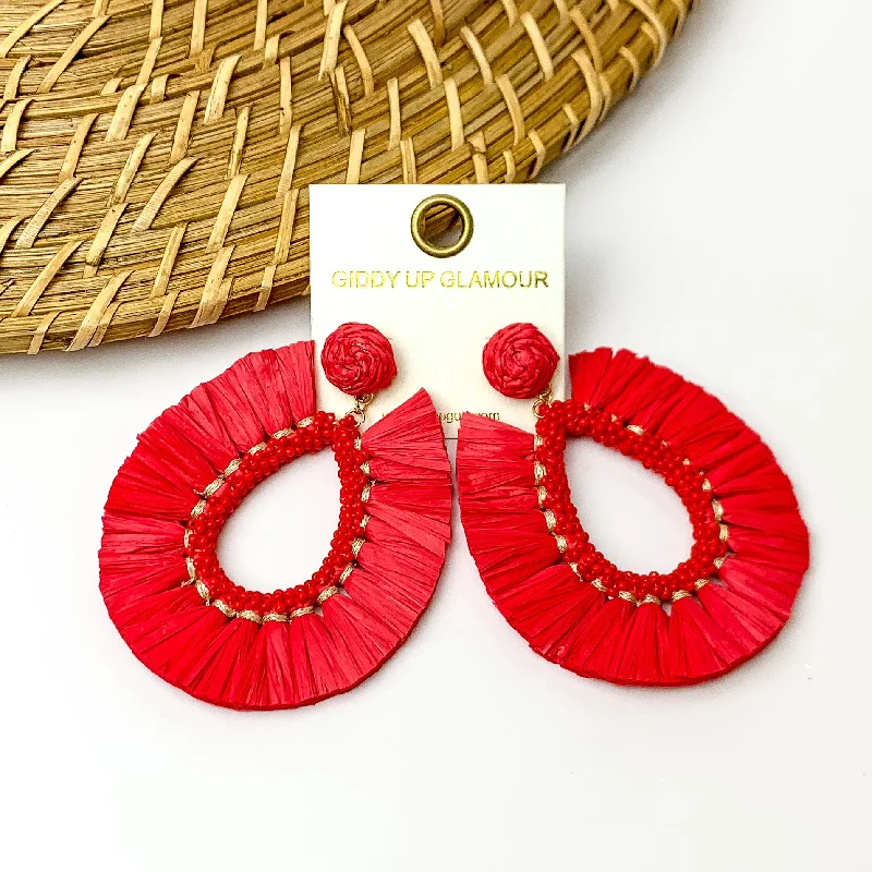 Women’s customized earrings-Siesta Sunsets Raffia Wrapped Open Teardrop Earrings in Red