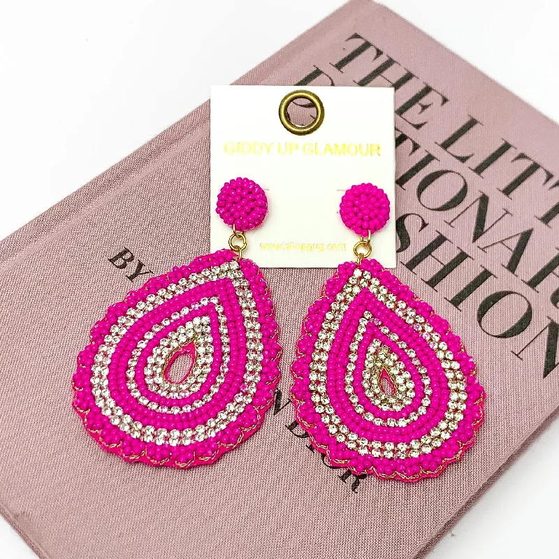 Women’s statement earrings-Sound Wave Beaded Teardrop Earrings with Clear Crystals in Fuchsia