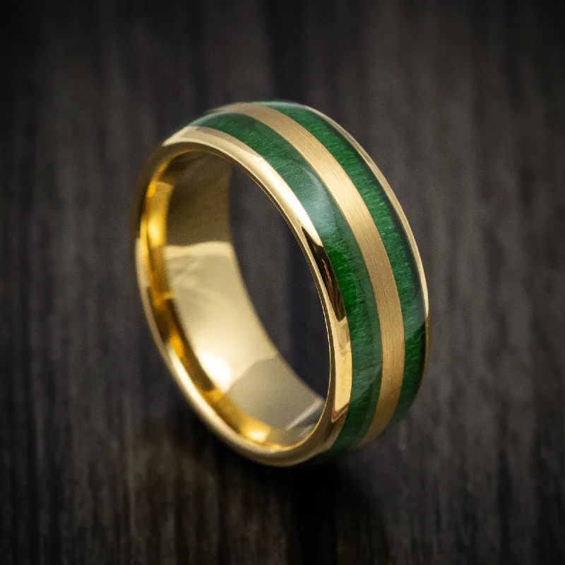 Yellow Gold Tungsten Men's Ring with Jade Wood Inlays