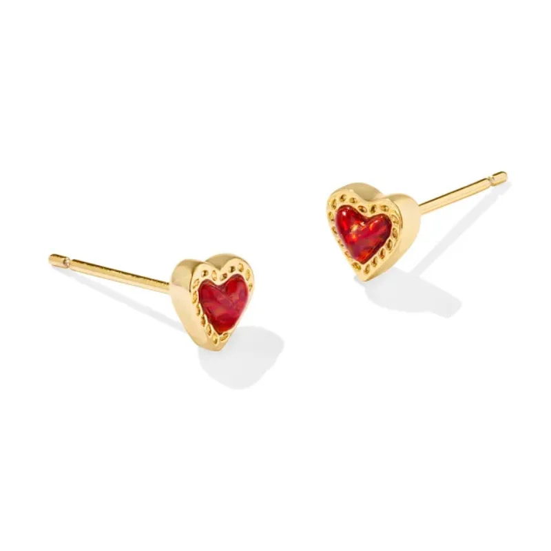 Women’s crystal earrings-Kendra Scott | Mini Ari Gold Heart Stud Earrings in Red Kyocera Opal