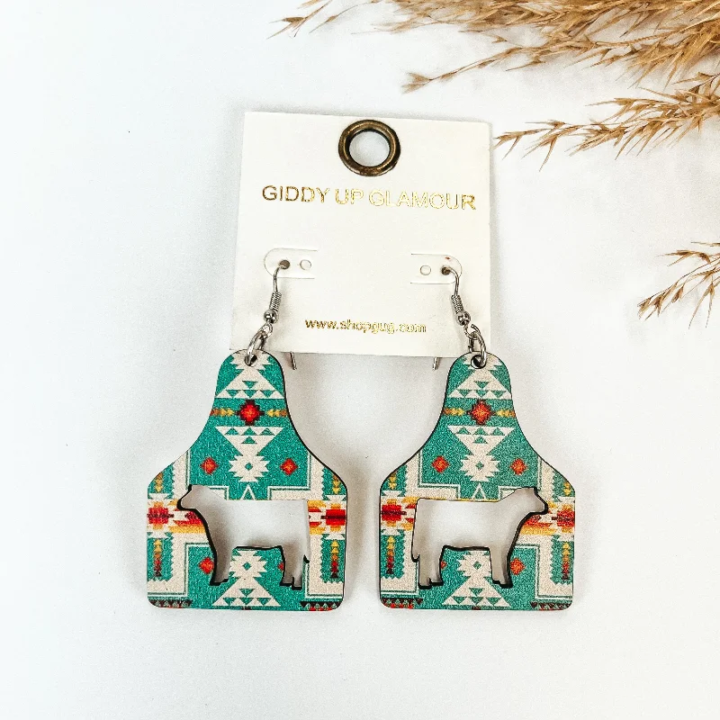 Women’s layered stud earrings-Cattle Tag Wooden Earrings in Ocean Aztec