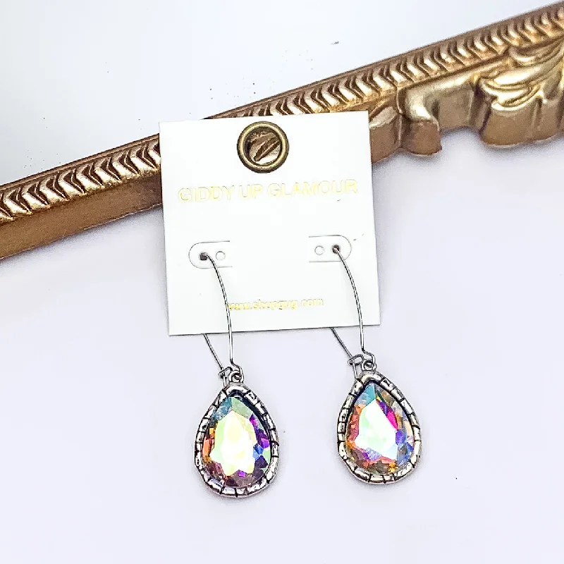 Women’s sparkly earrings-Radiant Kidney Wire Teardrop Earrings With AB Crystals in Silver Tone