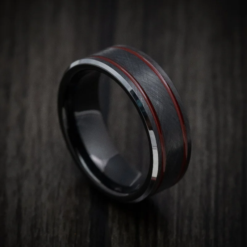 Black Tungsten Men's Ring with Red Line Inlays