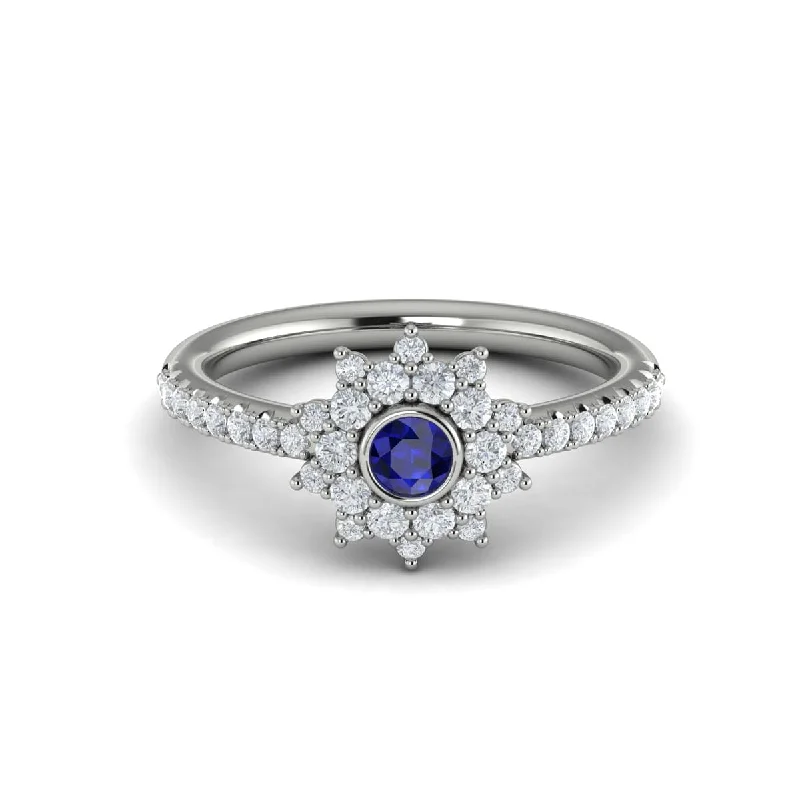 Diamond Starburst with Blue Sapphire Centerstone Ring