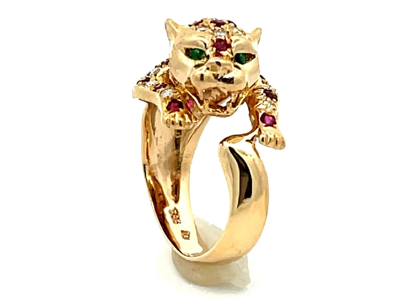 Women’s ruby rings-Ruby Diamond Emerald Eye Jaguar Ring 14k Yellow Gold