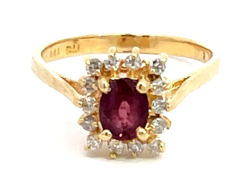 Women’s gold band rings-Ruby and Diamond Halo Ring in 14k Yellow Gold