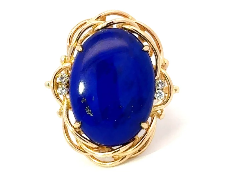 Women’s classic rings-Large Oval Lapis Lazuli Diamond Cocktail Ring 14k Yellow Gold