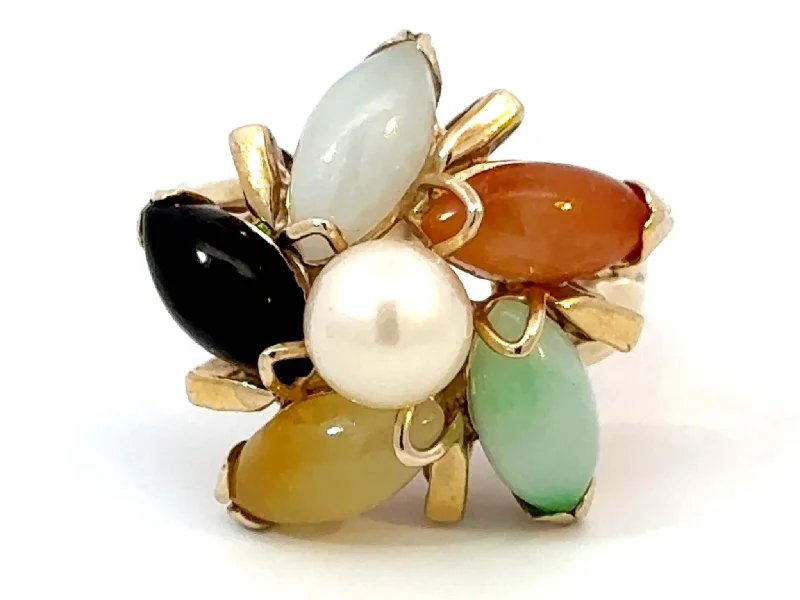 Women’s silver and gold rings-Multi Colored Jade Flower and Pearl Center Ring 14K Yellow Gold