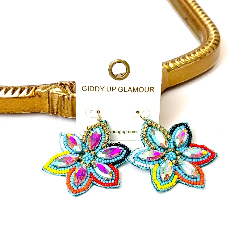 Women’s luxury diamond earrings-Desert Daisy Multicolored Flower Shaped Earrings with AB Crystal Accents in Turquoise Blue