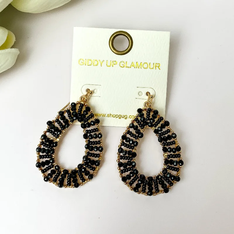 Women’s gold earrings-Gold Undertone Teardrop Earrings with Black Beaded Outline