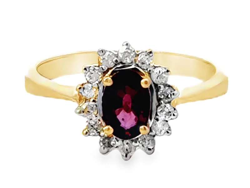 Women’s signet rings-Oval Red Ruby and Diamond Halo Ring 14k Yellow Gold