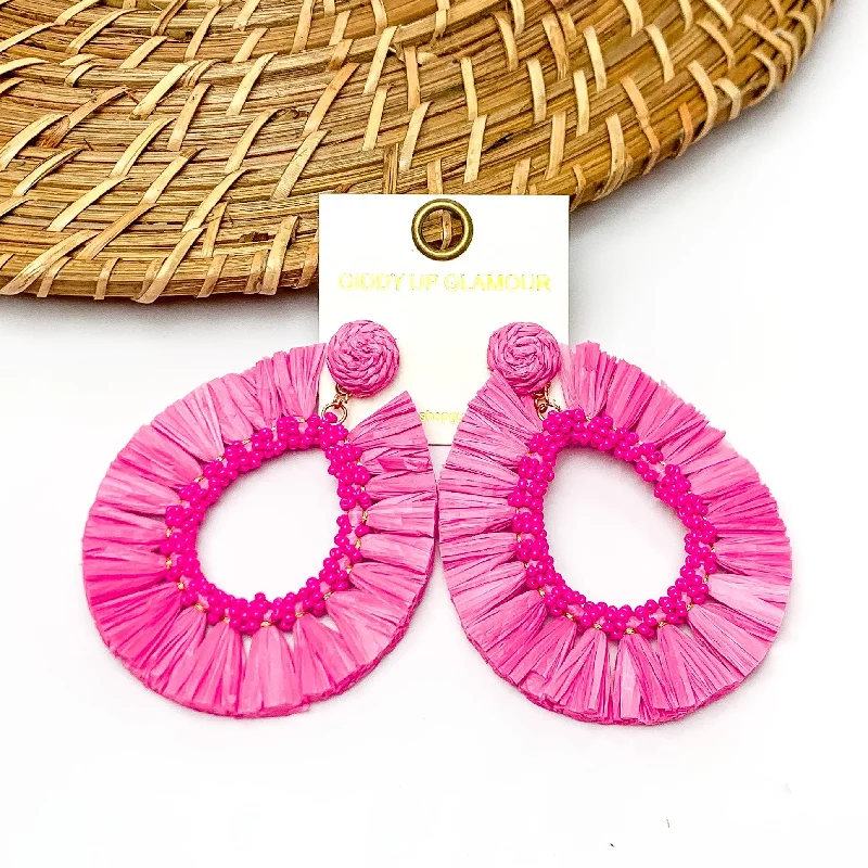 Women’s long teardrop earrings-Siesta Sunsets Raffia Wrapped Open Teardrop Earrings in Fuchsia Pink