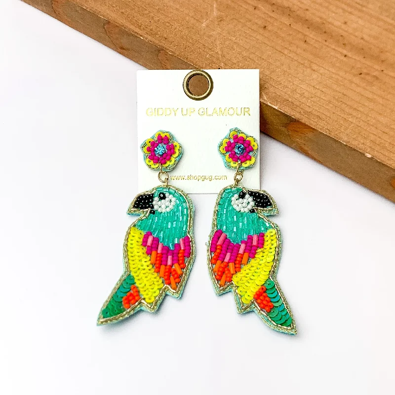 Women’s layered stud earrings-Beaded Parrot Earrings in Turquoise