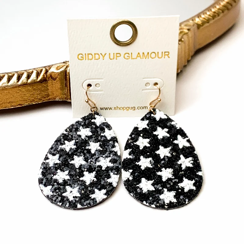 Women’s geometric earrings-Star Spangled Teardrop Glitter Earrings with White Stars in Black