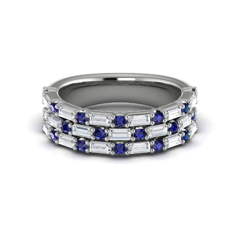 Diamond Baguette and Blue Sapphire Three Row Ring