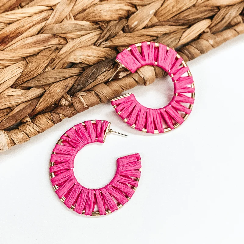 Women’s pearl stud earrings-Cabana Bound Raffia Wrapped Gold Hoop Earrings in Fuchsia