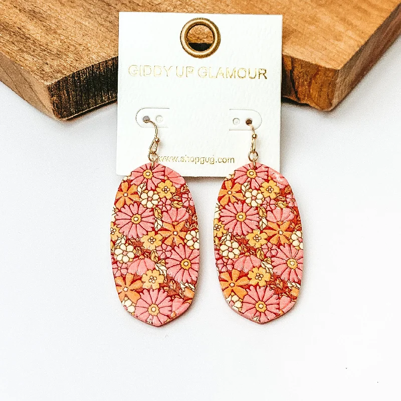 Women’s flower earrings-Wooden Oval Drop Earrings with a Floral Print in Pink